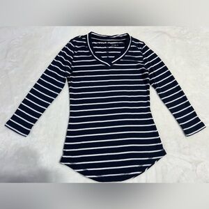 Cleo Navy & White Striped 3/4 Sleeve V-Neck Top